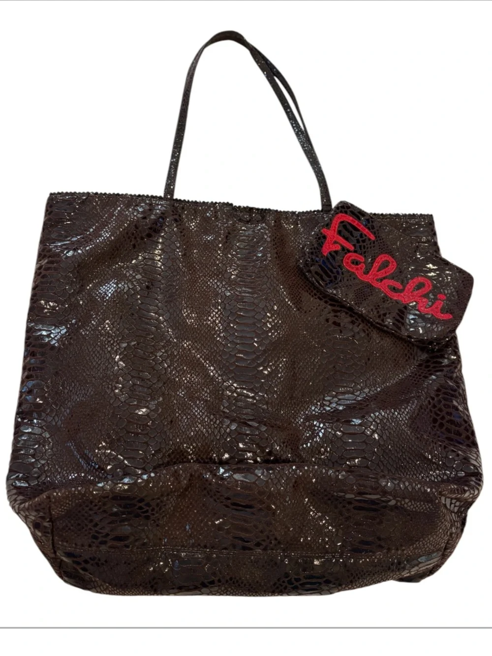 Carlos Falchi NWOT Oversized Embossed Snakeskin Tote Brown w/ Matching Zip Pouch